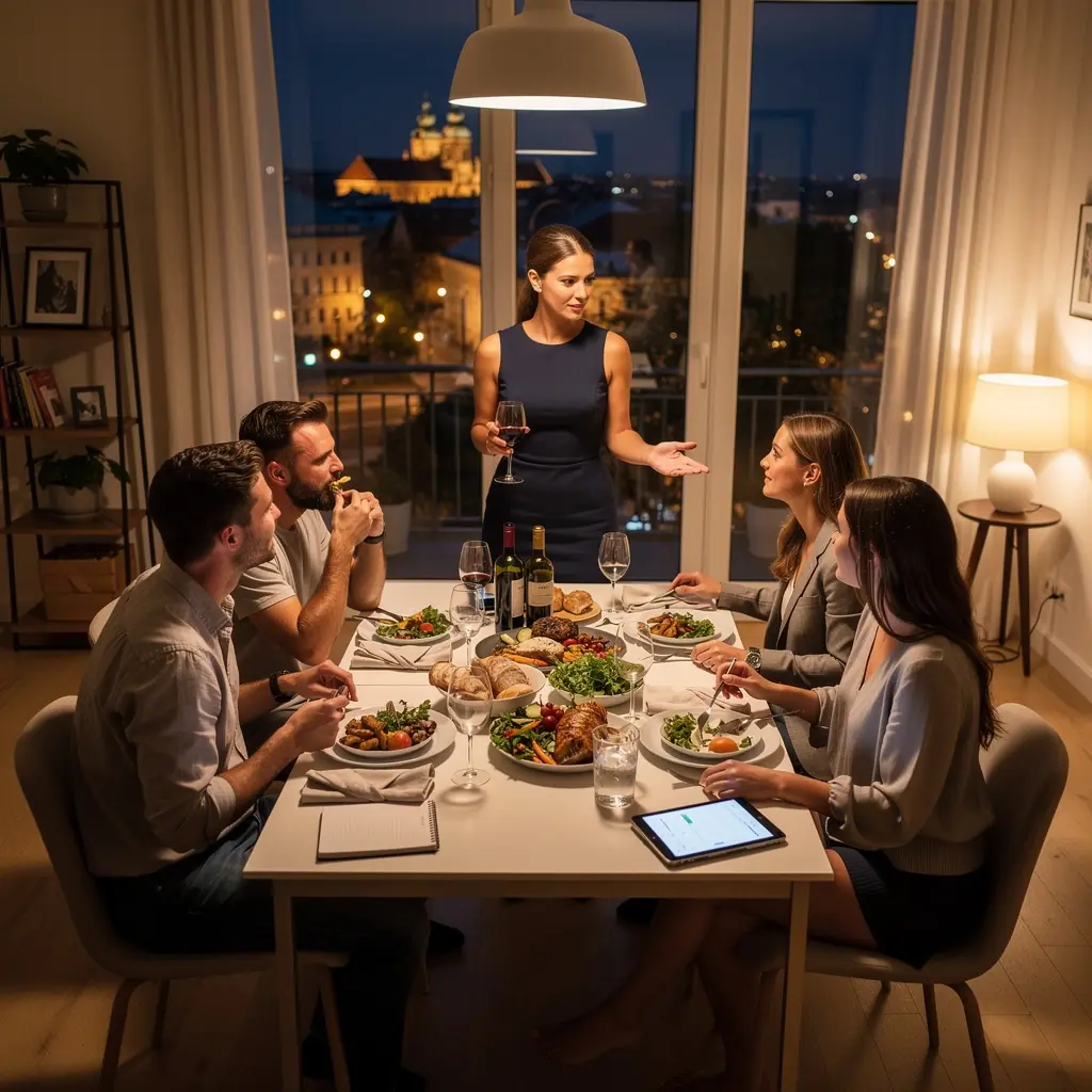 Egy pénzügyi tanácsadó előadás közben, hallgatóság előtt.